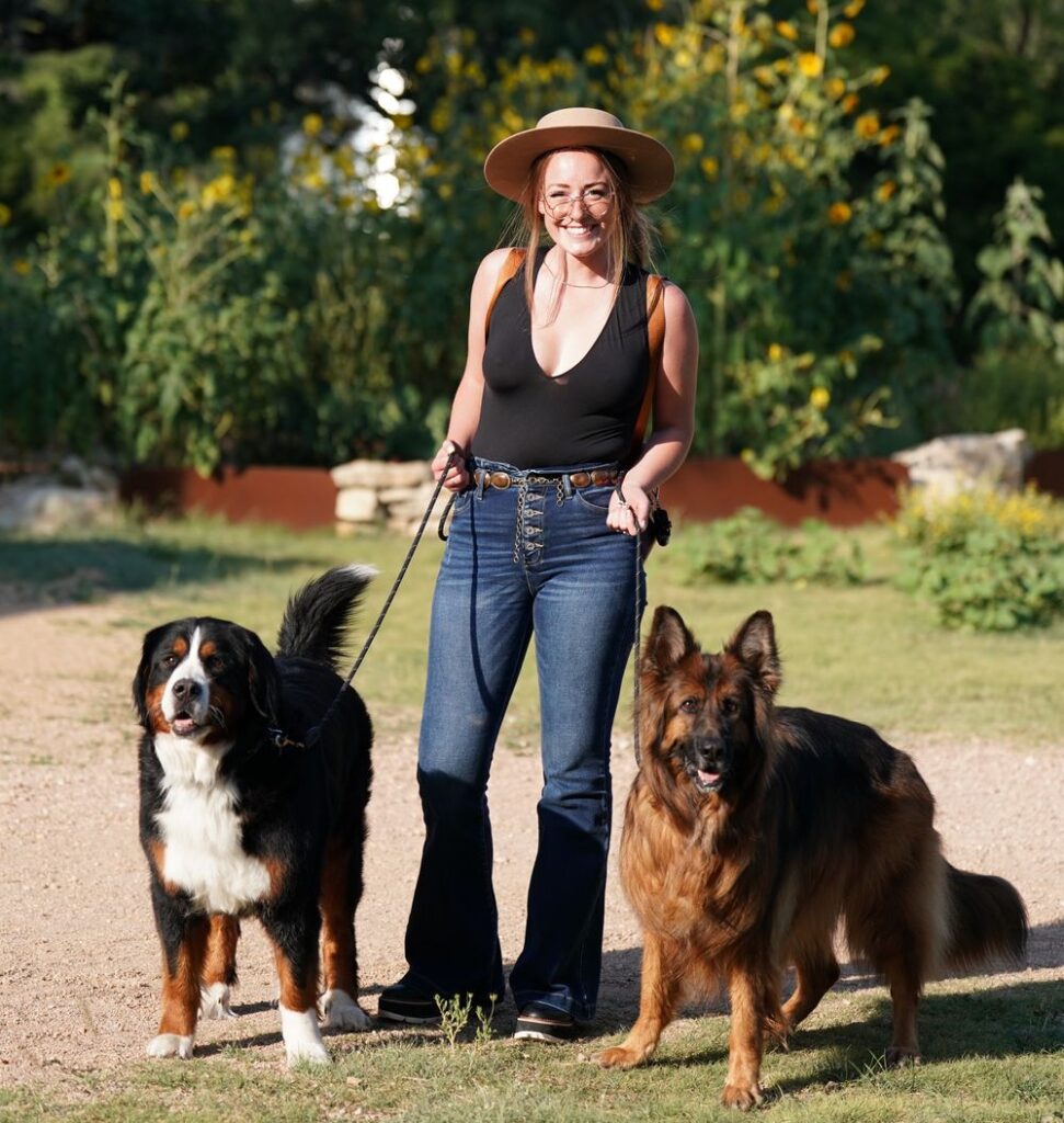 Liv walking Bane and Brue